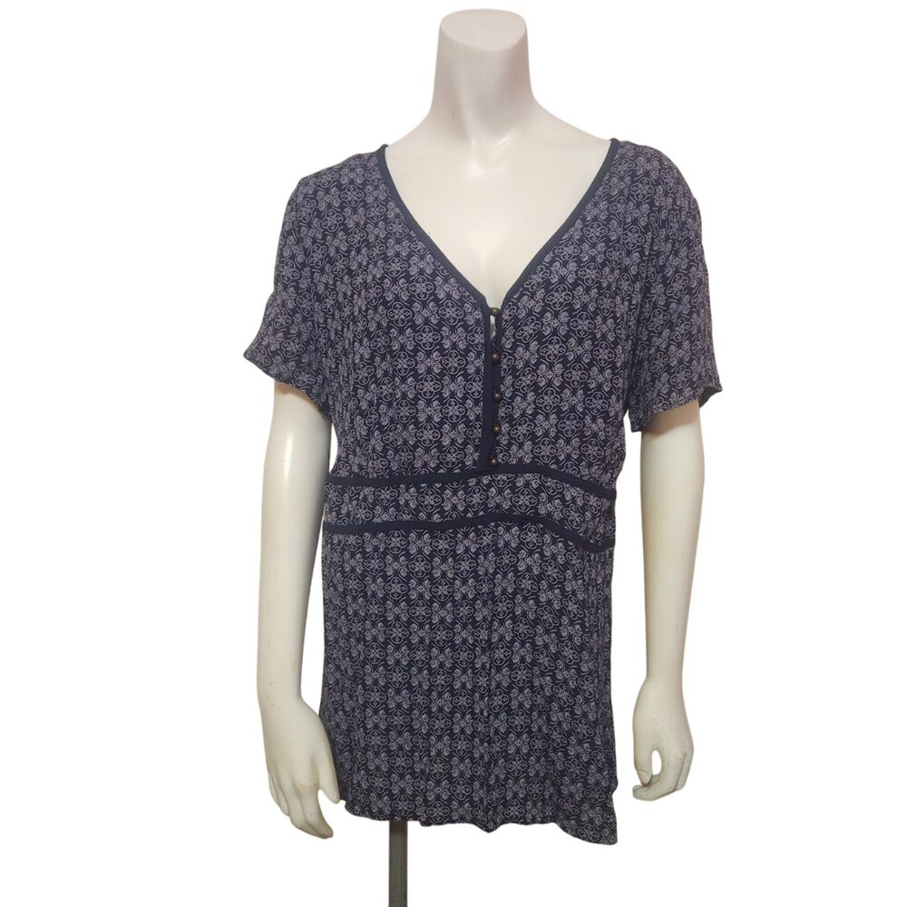 FADED GLORY Short Sleeve Tie Back Blouse Navy Pattern Womens Plus Size 1X